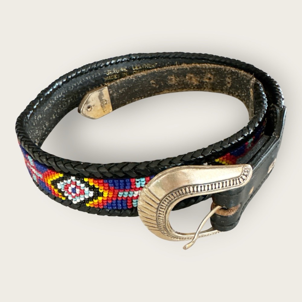 90s Leather Beaded Braided Colorful Black Belt Boho Chic Western Cabincore 30"